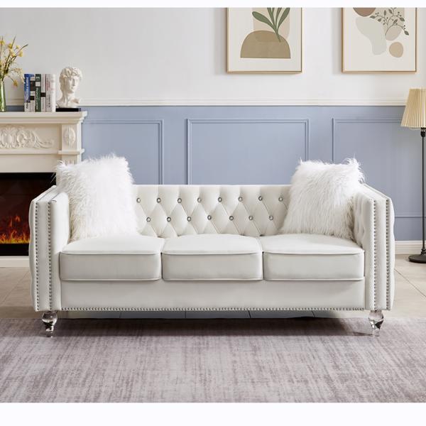 Beige, Three-seater Sofa, Velvet Crystal Buckle Upholstery Sofa, Crystal Feet, Removable Cushion, Two Plush Pillow