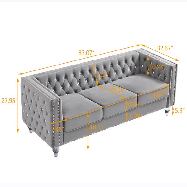 Gray, 2+3 Seat Sofa Set, Velvet Crystal Buckle Upholstery Sofa, Crystal Feet, Removable Cushion, Four Plush Pillow