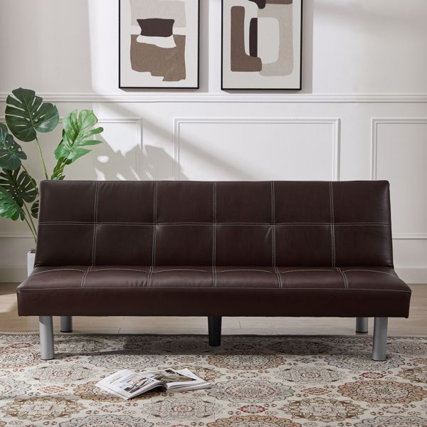 Three-person foldable sofa bed, PU leather, solid wood frame and metal foot support，Can be laid flat as a bed.