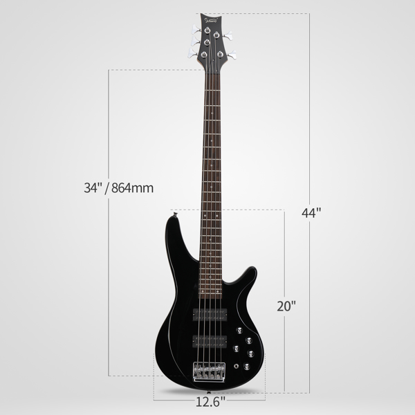 【Do Not Sell on Amazon】Glarry 44 Inch GIB 5 String H-H Pickup Laurel Wood Fingerboard Electric Bass Guitar with Bag and other Accessories Black