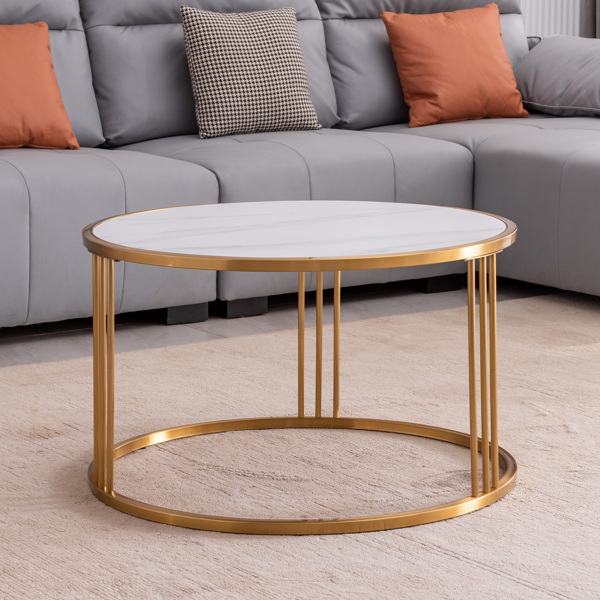 Slate/Sintered stone round coffee table with golden stainless steel frame