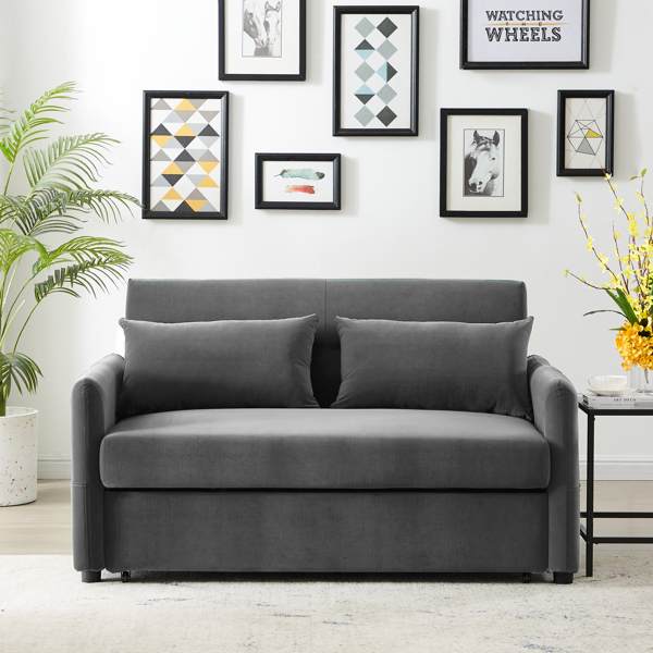 Double seat sofa bed sofa with pull-out bed, adjustable backrest with 2 lumbar pillows for small living rooms, apartments, etc.-Gray