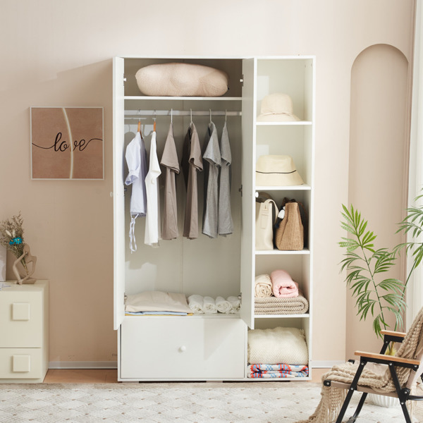 Bedroom Armoire，Wardrobe Armoire Closet, Drawers and Shelves, Handles, Hanging Rod, for Bedroom ，White