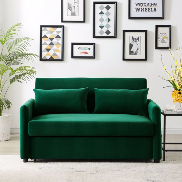 Double seat sofa bed sofa with pull-out bed, adjustable backrest with 2 lumbar pillows for small living rooms, apartments, etc.-Dark Green