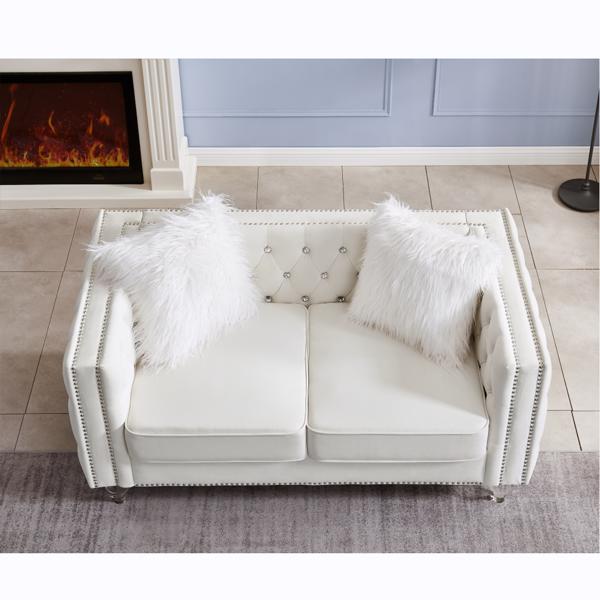 Beige, Two-seater Sofa, Velvet Crystal Buckle Upholstery Sofa, Crystal Feet, Removable Cushion, Two Plush Pillow