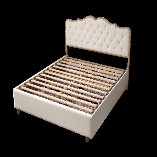 Classic buckle backrest, metal frame, solid wood ribs, with four storage drawers, sponge soft bag, comfortable and elegant atmosphere, white, f-size