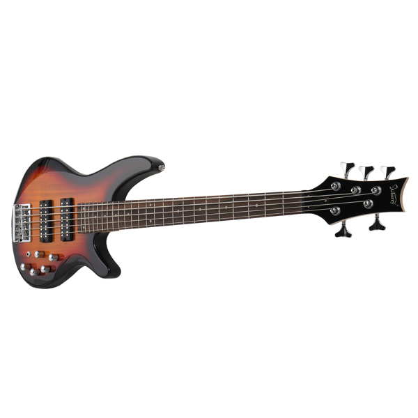 【Do Not Sell on Amazon】Glarry 44 Inch GIB 5 String H-H Pickup Laurel Wood Fingerboard Electric Bass Guitar with Bag and other Accessories Sunset Color
