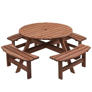 8-Person Outdoor Circular Wooden Picnic Table with 4 Built-in Benches for Patio Backyard Garden, Brown