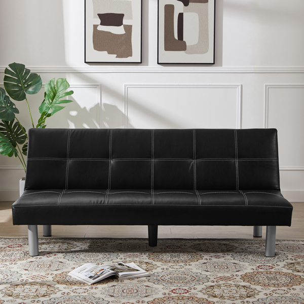 Three-person foldable sofa bed, PU leather, solid wood frame and metal foot support，Can be laid flat as a bed.