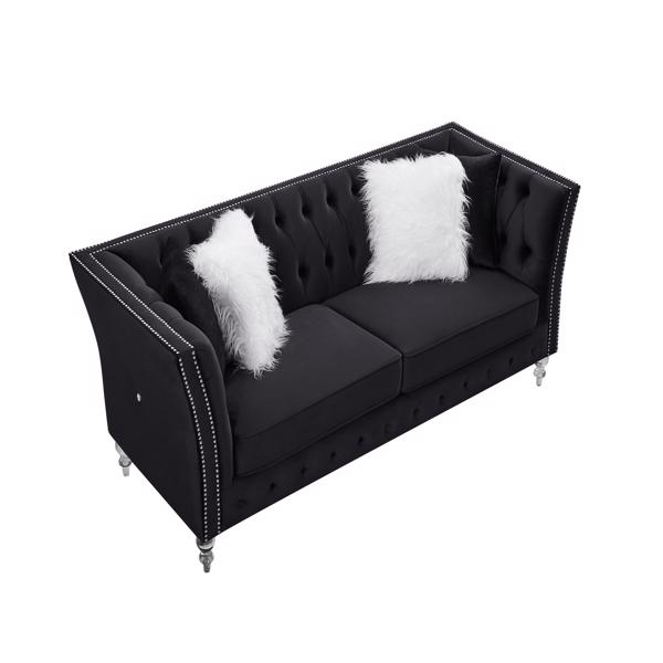 Black, Velvet, Three-Seater Sofa, Acrylic Feet, Cushion Combination Lounge Sofa, Deep Tufted Button Luxury Sofa for Living Room