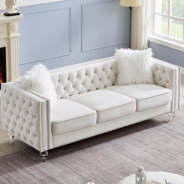 Beige, 2+3 Seat Sofa Set, Velvet Crystal Buckle Upholstery Sofa, Crystal Feet, Removable Cushion, Four Plush Pillow