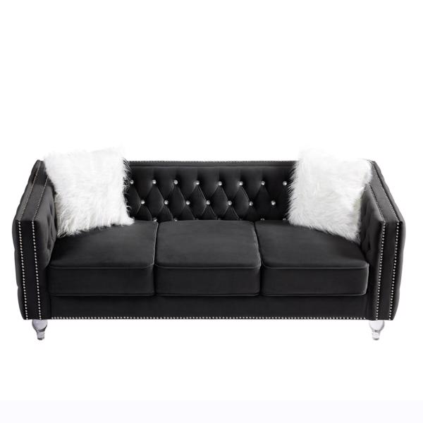 Black, Three-seater Sofa, Velvet Crystal Buckle Upholstery Sofa, Crystal Feet, Removable Cushion, Two Plush Pillow