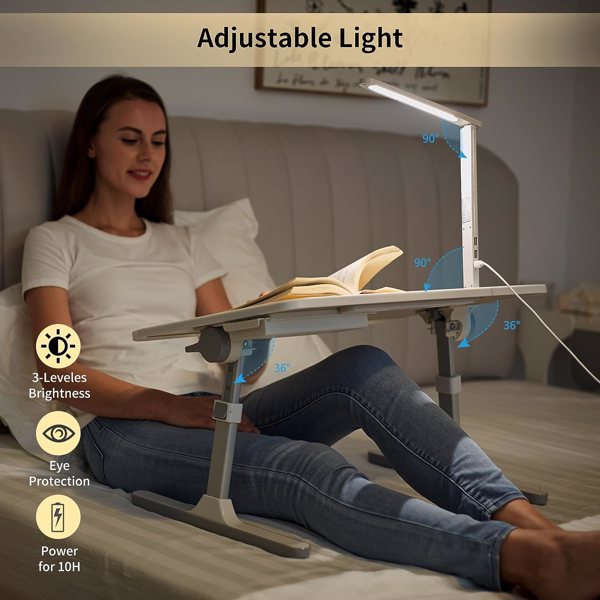 Lap Desk for Laptop, Portable Bed Table Desk, Laptop Desk with LED Light and Drawer, Adjustable Laptop Stand for Bed/Sofa/Study/Reading-White