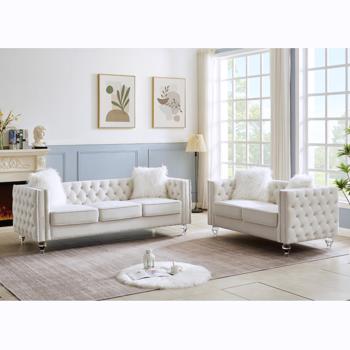  2+3 Seat Sofa Set, Velvet Crystal Buckle Upholstery Sofa, Crystal Feet, Removable Cushion, Four Plush Pillow