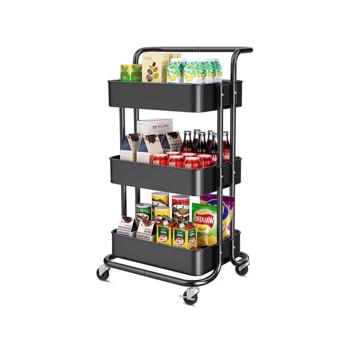 Three-layer mesh utility cart, rolling cart with handle and lockable wheel, multi-function storage rack in kitchen, living room and office（No shipping on weekends）