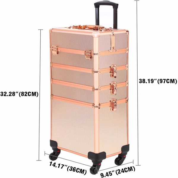 4 in 1 Portable Makeup Trolley Cart Aluminum Alloy Traveling Makeup Case Rose Gold