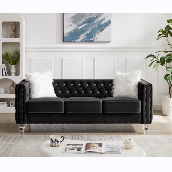 Black, Three-seater Sofa, Velvet Crystal Buckle Upholstery Sofa, Crystal Feet, Removable Cushion, Two Plush Pillow