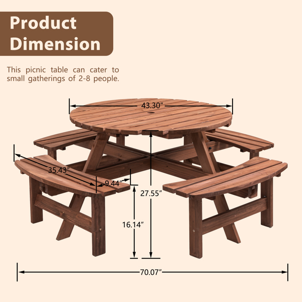 8-Person Outdoor Circular Wooden Picnic Table with 4 Built-in Benches for Patio Backyard Garden, Brown