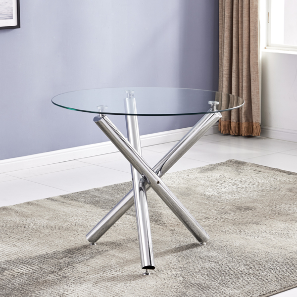 90*90*75cm Round Glass Dining Table Transparent Glass Table Leg Cross Design