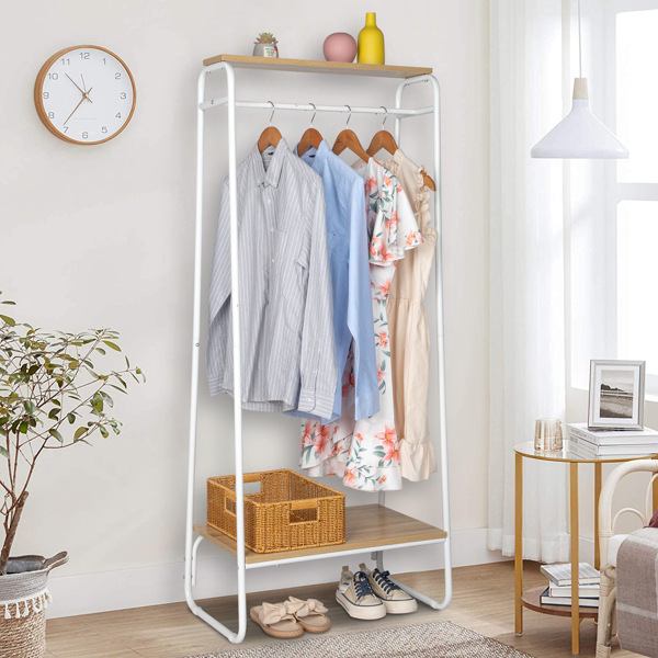 Clothes Rack with Wood Shelf, Freestanding Clothing Rack，Garment Rack, Standing Metal Sturdy Clothing Rack, White