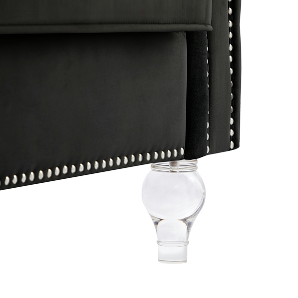 Black, Three-seater Sofa, Velvet Crystal Buckle Upholstery Sofa, Crystal Feet, Removable Cushion, Two Plush Pillow