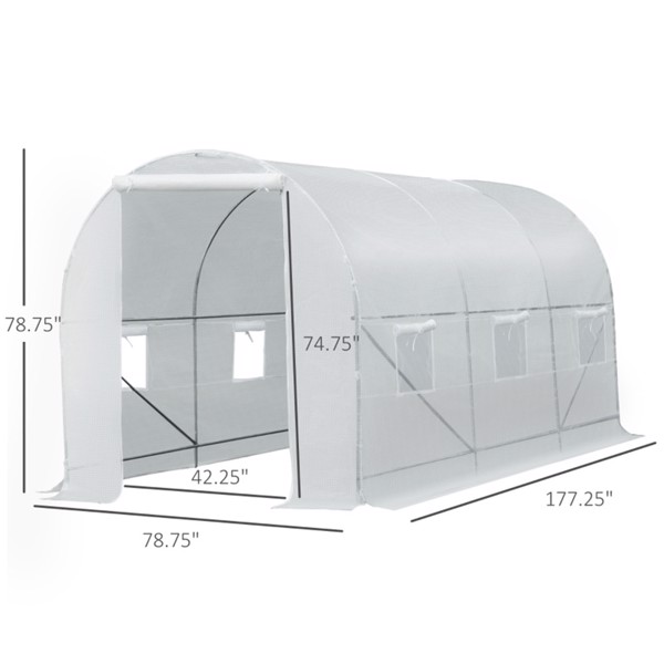 Walk-In Tunnel Greenhouse, Large Garden Hot House Kit with 6 Roll-up Windows & Roll Up Door 15' x 7' x 7' -AS