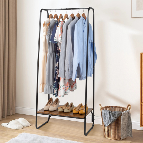 Clothes Rack with Wood Shelf, Freestanding Clothing Rack，Garment Rack, Standing Metal Sturdy Clothing Rack, Black