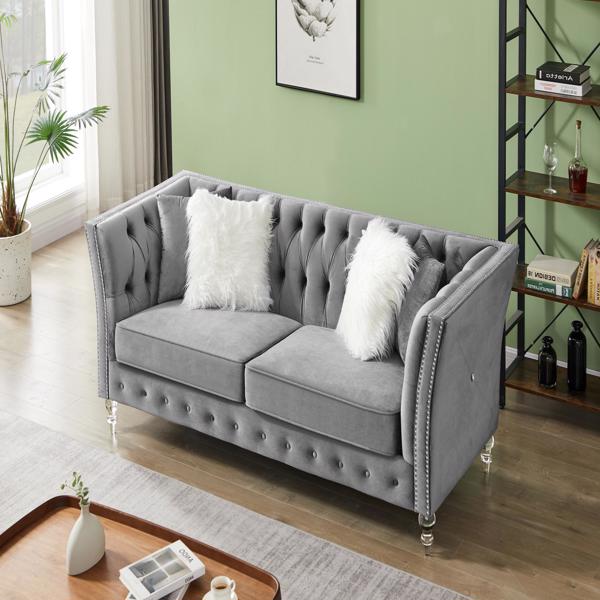 Gray, Velvet, 2+3 Seat Sofa Set, Acrylic Feet, Cushion Combination Lounge Sofa, Deep Tufted Button Luxury Sofa for Living Room