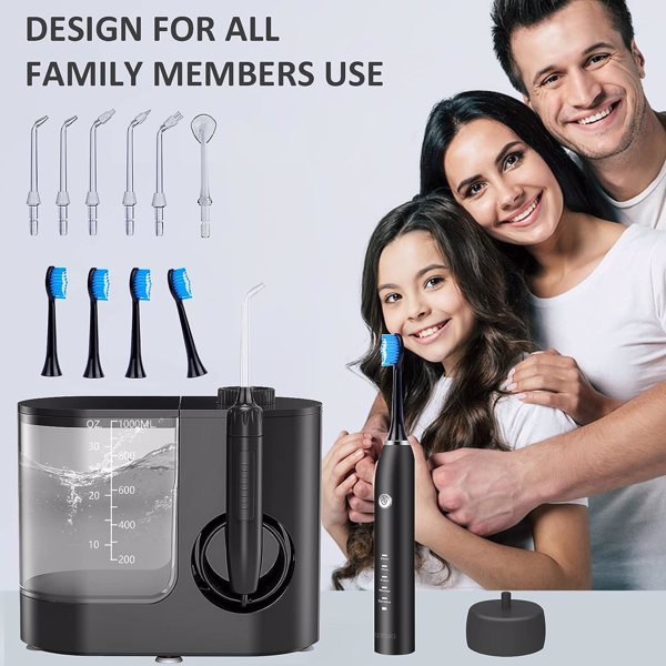Water Flosser & Ultrasonic Toothbrush Combo - Extra Capacity Electric Water Toothbrush ,7 Jet Tips & 4 Brush Heads, 1000ML Detachable Water Tank, IPX6 Waterproof
