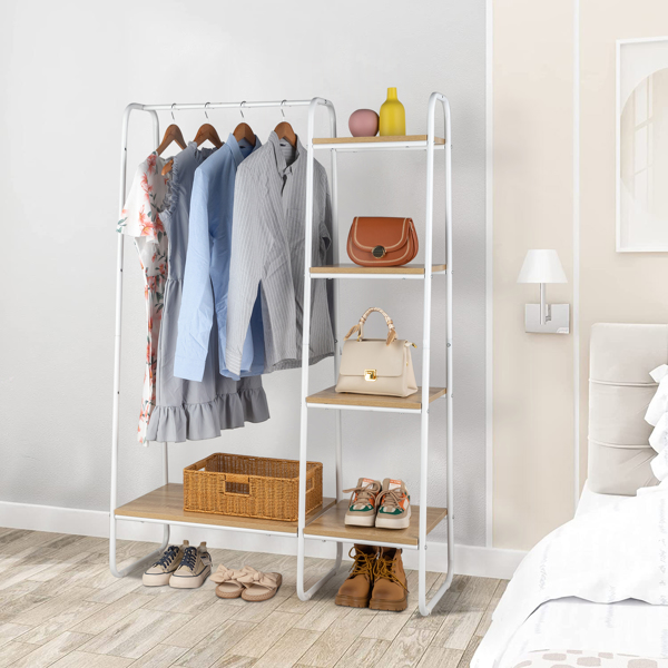 Clothes Rack with 5 Wood Shelf, Freestanding Clothing Rack，Garment Rack, Standing Metal Sturdy Clothing Rack, White
