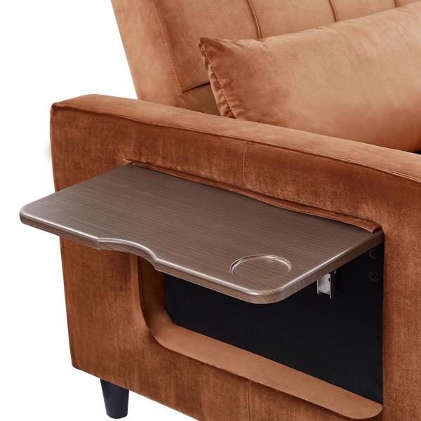 Caramel, Modern Velvet Recliner Sofa with Pullout Bed, Converts to Sofa Bed, Side Coffee Table, Adjustable Backrest, 2 Lumbar Pillows