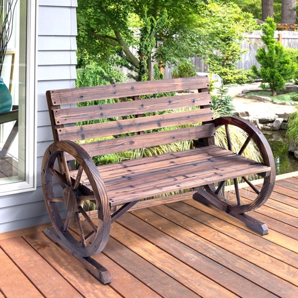 2-Person Seat Bench with Backrest Wooden Wagon Wheel Bench, Rustic Outdoor Patio Furniture-AS