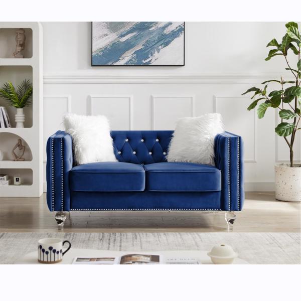 Navy Blue, Two-seater Sofa, Velvet Crystal Buckle Upholstery Sofa, Crystal Feet, Removable Cushion, Two Plush Pillow