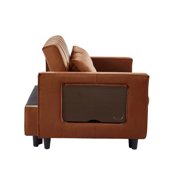 Caramel, Modern Velvet Recliner Sofa with Pullout Bed, Converts to Sofa Bed, Side Coffee Table, Adjustable Backrest, 2 Lumbar Pillows