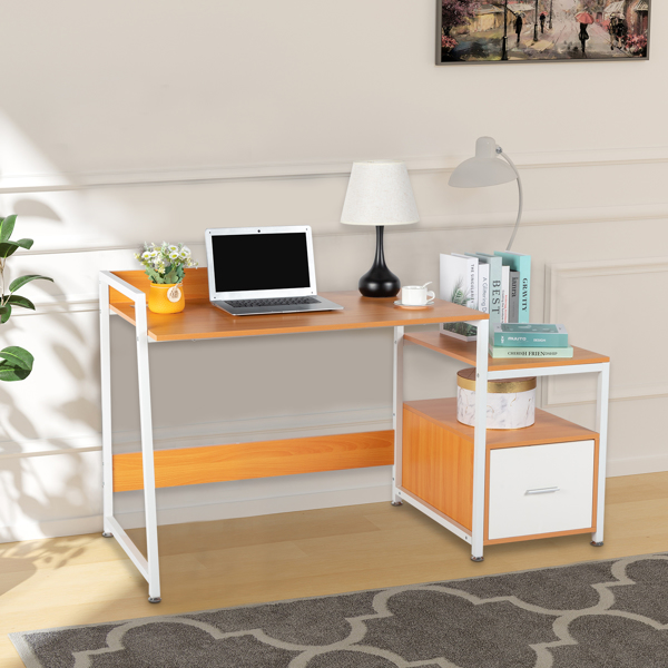 FCH Beech Color Triamine Particleboard White Iron Pipe Cabinet with Drawer 2*USB Port 2*Three Sockets Wireless Charging Computer Desk