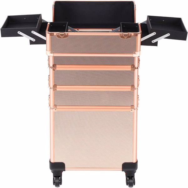 4 in 1 Portable Makeup Trolley Cart Aluminum Alloy Traveling Makeup Case Rose Gold