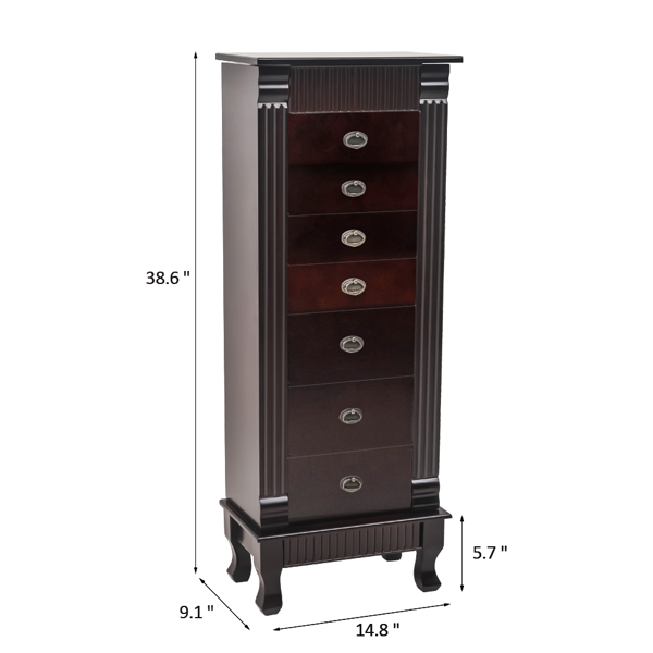Standing Jewelry Armoire Cabinet Makeup Mirror and Top Divided Storage Organizer, Large Standing Jewelry Armoire Storage Chest with 7 Drawers, 2 Swing Doors,16 Necklace Hooks, Dark Brown Beige Flann