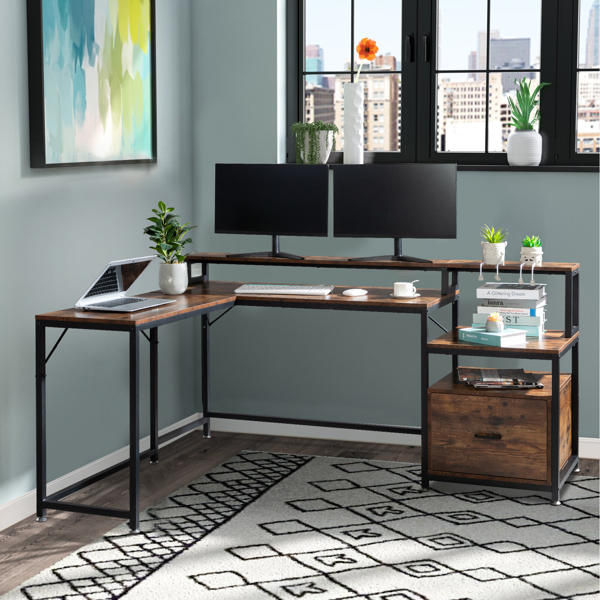 FCH Retro Wood Grain Triamine Surface Particleboard Black Iron Pipe L-shaped Shelf with File Drawer Cabinet 2*USB Port 2*Three Sockets Wireless Charging Computer Desk