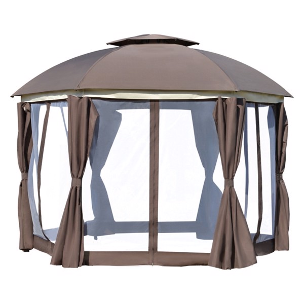 144x144 Inch Round Outdoor Gazebo, Patio Dome Gazebo Canopy Shelter with Double Roof, Netting Sidewalls and Curtains, Zippered Doors AS
