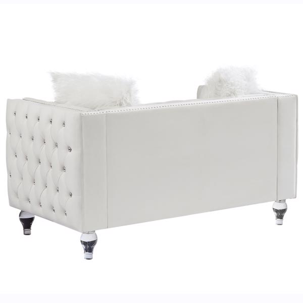Beige, Two-seater Sofa, Velvet Crystal Buckle Upholstery Sofa, Crystal Feet, Removable Cushion, Two Plush Pillow