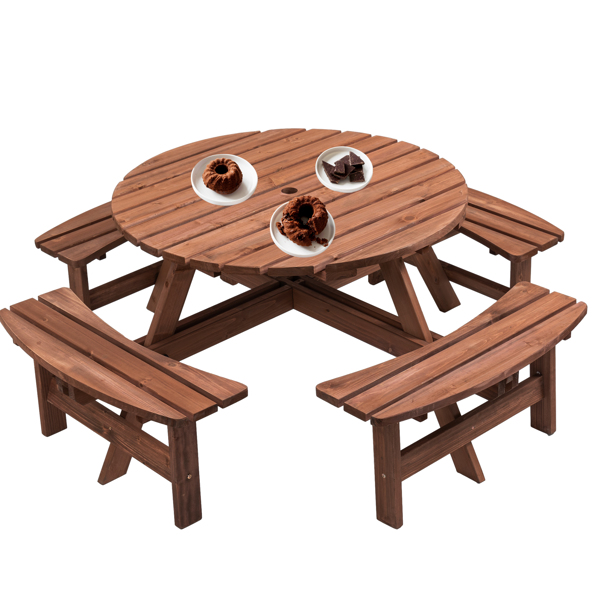 8-Person Outdoor Circular Wooden Picnic Table with 4 Built-in Benches for Patio Backyard Garden, Brown