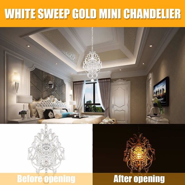  White Chandelier Mini Crystal Chandelier Lighting K9 Crystal Retro Craft Elegant Iron Chandelier for Bedroom,Girls Room,Bathroom [Energy Class A++]
