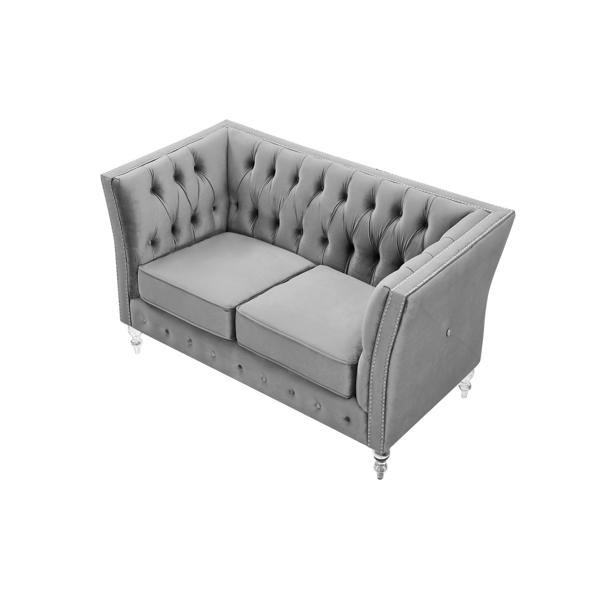 Gray, Velvet, Two-Seater Sofa, Acrylic Feet, Cushion Combination Lounge Sofa, Deep Tufted Button Luxury Sofa for Living Room