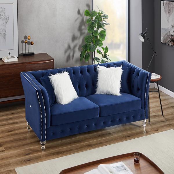 Navy Blue, Velvet, Three-Seater Sofa, Acrylic Feet, Cushion Combination Lounge Sofa, Deep Tufted Button Luxury Sofa for Living Room
