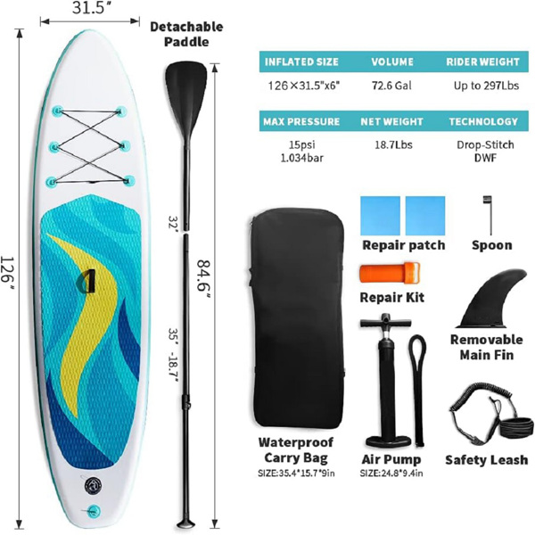 Stand Up Paddle Board 126"×32"×6" Extra Wide Thick Sup Board with Premium Sup Accessories & Backpack, Non-Slip Deck, Leash, Adjustable Paddle, Hand Pump, Bottom Fin