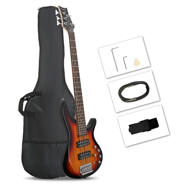 【Do Not Sell on Amazon】Glarry 44 Inch GIB 5 String H-H Pickup Laurel Wood Fingerboard Electric Bass Guitar with Bag and other Accessories Sunset Color