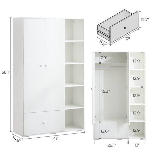 Bedroom Armoire，Wardrobe Armoire Closet, Drawers and Shelves, Handles, Hanging Rod, for Bedroom ，White