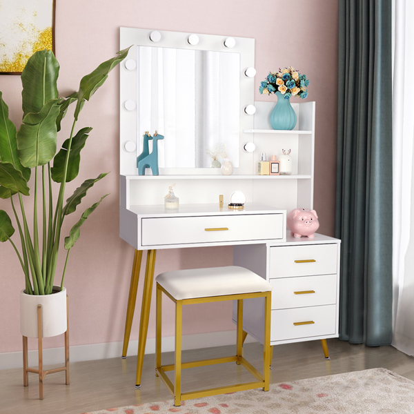  【Old Code：16772020】 Large Vanity Set with 9 LED Bulbs, Makeup Table with Cushioned Stool, 3 Storage Shelves 4 Drawers, Dressing Table Dresser Desk for Women, Girls, Bedroom, White