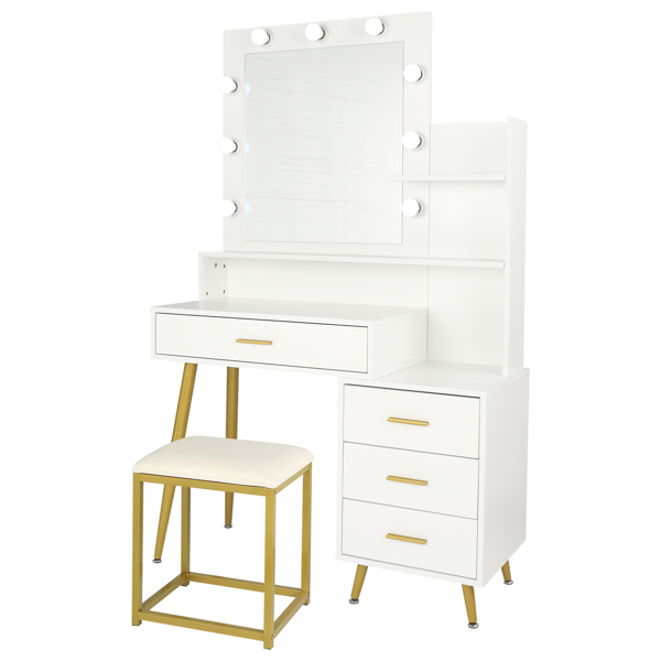  【Old Code：16772020】 Large Vanity Set with 9 LED Bulbs, Makeup Table with Cushioned Stool, 3 Storage Shelves 4 Drawers, Dressing Table Dresser Desk for Women, Girls, Bedroom, White