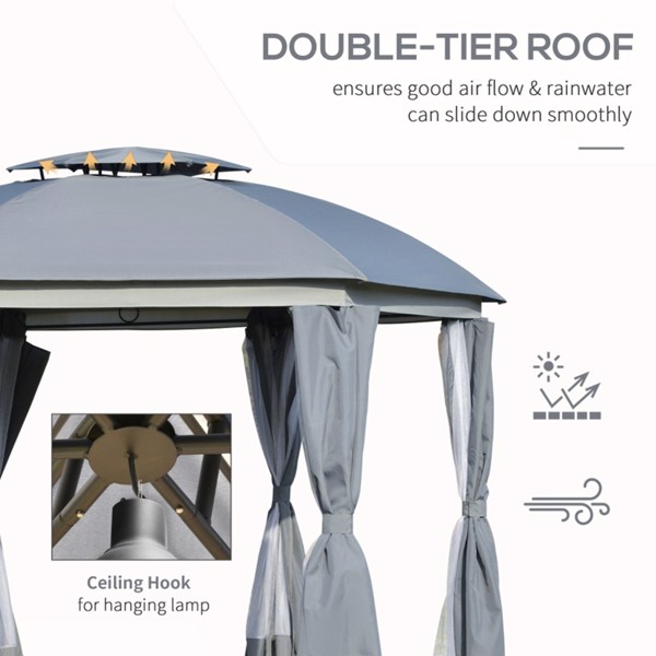 144x144 Inch Round Outdoor Gazebo, Patio Dome Gazebo Canopy Shelter with Double Roof, Netting Sidewalls and Curtains, Zippered Doors Grey AS